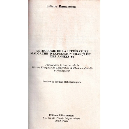 ANTHOLOGIE DE LA LITTÉRATURE MALGACHE - LILIANE RAMAROSOA -1994