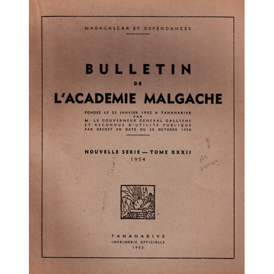 BULLETIN DE L'ACADEMIE MALGACHE - TOME 32 - 1954