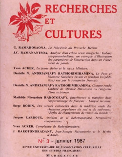 RECHERCHES ET CULTURES N°3 - JANVIER 1987 RECHERCHES ET CULTURES N°3 - JANVIER 1987